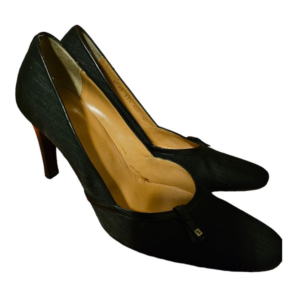 BALLY "Sitelle" Black Pinstriped Cloth Heels - Size 37 1/2